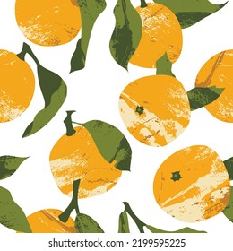 Seamless pattern with juicy mandarin, tangerine, orange, clementine. Fresh citrus fruit, healthy organic food. Ripe fruits with leaves. Vector flat cartoon botanical illustration for textile, wrapping