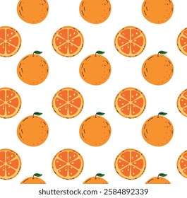 Seamless pattern with juicy orange. The fruit is whole and sliced. Delicious background for posters, wallpapers, textiles. postcards.