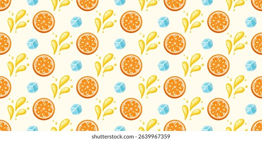 Seamless pattern with juicy orange slices, yellow splash elements and ice cubes. Cartoon vector background
