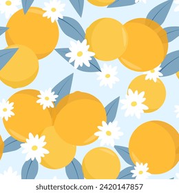 Seamless pattern of juicy oranges and blue branches with leaves and flowers