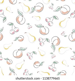 Seamless pattern with a juicy peach, pear and cherries with leaves. Hand drawn imitation