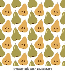 Seamless pattern. Juicy pear fruits and pear halves on a white background.