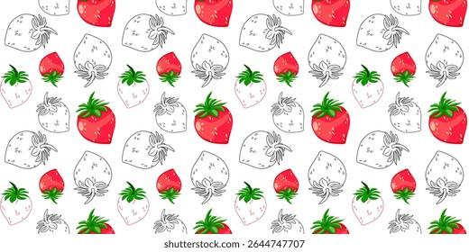 Seamless pattern of juicy red strawberry berries surrounded by flat berries with lines on white background. Vector editable background. Design of textiles, fabric, plants, healthy eating, packaging