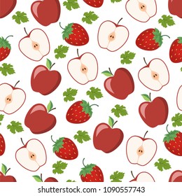 Seamless pattern from a juicy ripe apple, halves and a delicious strawberry. This fruit design for your business projects. Ideal for fabrics and decor. Beautiful vector background