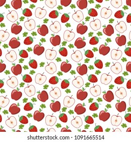 
Seamless pattern from a juicy ripe apple, halves and a delicious strawberry. This fruit design for your business projects. Ideal for fabrics and decor. Beautiful vector background