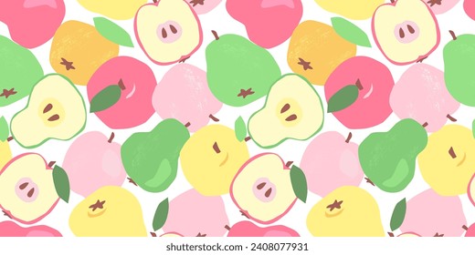 Patrón sin foco con jugosas frutas maduras. Impresión veraniega con manzanas y peras abstractas. Gráficos vectoriales.