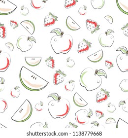 Seamless pattern with a juicy slice of an apple, apple and strawberry. Hand drawn imitation