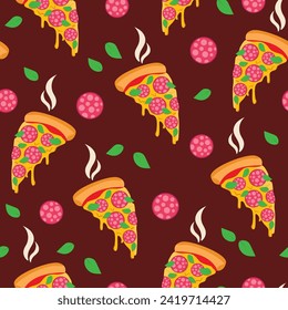 Seamless pattern with juicy slice of pepperoni pizza. Vector graphic.