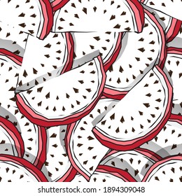 Seamless pattern of juicy slices of fruit. Watermelon abstract background. Concept of Hello Summer. Template for design of advertising, flyers, websites. Use for printing on paper, textiles, banners
