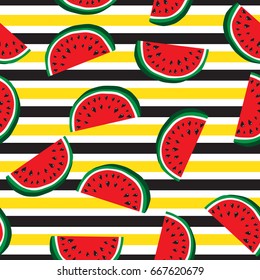 Seamless pattern of juicy slices of watermelon and horizontal stripes. Concept of Hello Summer. Fruit abstract background, vector illustration