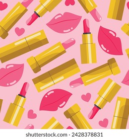 Seamless pattern with juicy smiling lips and lipsticks, trendy cosmetics, hand drawn vector illustration