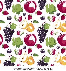 Seamless pattern with and juicy strawberries, apple, pear, grapes, blackberries and cherries on a white background. Cute vector background. Bright illustration of summer fruits. Design of fruit mixes 