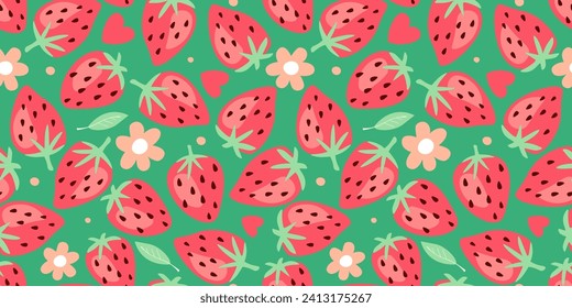 Seamless pattern with juicy strawberries, flowers, hearts. Bright fruity delicious print. Vector graphics.