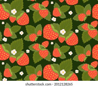 Patrón sin foco con fresas jugosas, follaje y flores blancas pequeñas. Textura de verano con bayas dibujadas a mano. Papel de pared natural con frutas y hojas en un fondo verde.