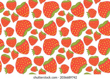 Seamless pattern with juicy strawberries, foliage on white background. Summer flat texture with hand drawn cartoon berries. Natural wallpaper with fruits