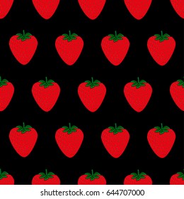 Seamless pattern with juicy strawberries on black background. Cute vector background. Bright summer fruits illustration. Fruit mix design for fabric and decor.Funny wallpaper for textile and fabric.