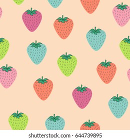 Seamless pattern with juicy strawberries on orange background. Cute vector background. Bright summer fruits illustration. Fruit mix design for fabric and decor.Funny wallpaper for textile and fabric.