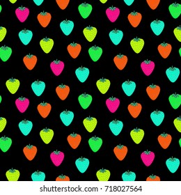 Seamless pattern with juicy strawberries on black background. Cute vector background. Bright summer fruits illustration. Fruit mix design for fabric and decor.Funny wallpaper for textile and fabric.