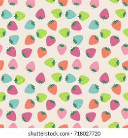 Seamless pattern with juicy strawberries on black background. Cute vector background. Bright summer fruits illustration. Fruit mix design for fabric and decor.Funny wallpaper for textile and fabric.