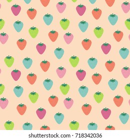 Seamless pattern with juicy strawberries on black background. Cute vector background. Bright summer fruits illustration. Fruit mix design for fabric and decor.Funny wallpaper for textile and fabric.