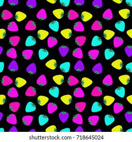 Seamless pattern with juicy strawberries on black background. Cute vector background. Bright summer fruits illustration. Fruit mix design for fabric and decor.Funny wallpaper for textile and fabric.