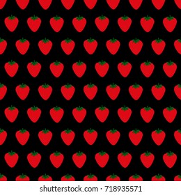 Seamless pattern with juicy strawberries on black background. Cute vector background. Bright summer fruits illustration. Fruit mix design for fabric and decor.Funny wallpaper for textile and fabric.