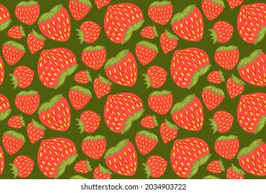 Patrón sin foco con jugosas bayas de fresa sobre fondo verde. Textura plana de verano con comida de dibujos a mano. Papel de pared natural con frutas