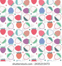 Seamless pattern with juicy strawberry. Fruit background. Perfect for kids design, postcard design, greeting card design, fabric print, baby shower, wrapping paper design, nursery pattern, textile.