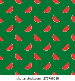 Seamless pattern of juicy watermelon red berries with green rind and black stones on a green background