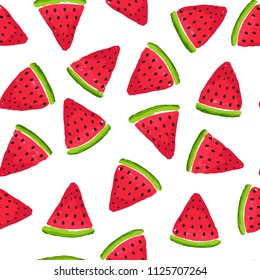 Seamless pattern with juicy watermelon slices on white background. Vector illustration.