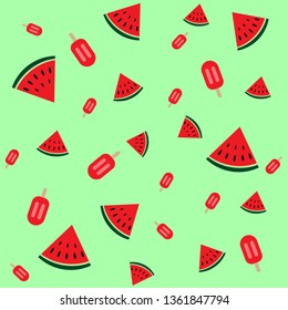 Seamless pattern with juicy watermelon slices and ice cream, Summer time background - vector illustration.