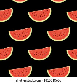 Seamless pattern with juicy watermelon slices. Summer vector background with the red sweet watermelon on a black backdrop, suitable for wallpaper, wrapping paper, fabric, textile, fruit design