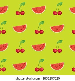 Seamless pattern with juicy watermelon slices and ripe cherries. Summer vector background with red sour cherry and sweet watermelon on green backdrop. Wallpaper, wrapping paper, fabric, fruit design