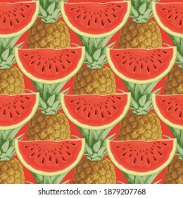 Seamless pattern with juicy watermelon slices and pineapple fruit on a red backdrop. Summer vector background with sweet watermelon chunks and pineapples. Wallpaper, wrapping paper, fabric, textile