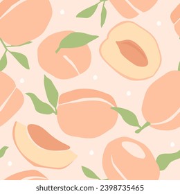 Seamless pattern with juicy whole peach, slice, leaves, and bone. Summer abstract natural print. Vector graphics.