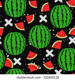 Seamless pattern of juicy whole watermelons and slices on the black background
