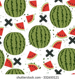 Seamless pattern of juicy whole watermelons and slices on the white background