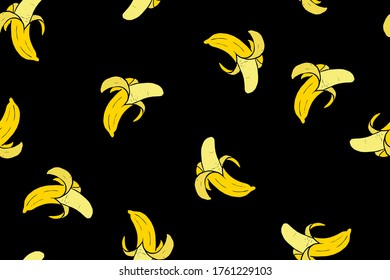 Seamless pattern of juicy yellow bananas of black background for textile and paper design
