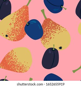 seamless pattern with juicy yellow-orange pears and plums on a light pink background. Modern abstract design for paper, cover, fabric, interior decor
