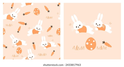 Seamless pattern with jumping bunny rabbit cartoons, Easter eggs, carrots and grass on orange background.