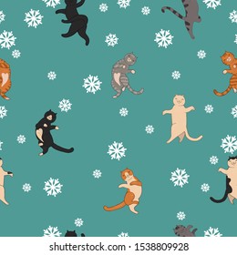 Seamless pattern with jumping cats and snowflakes. Vector graphics