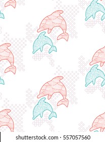 Seamless Pattern with Jumping Dolphins and Bubbles on White Background. Hand Drawn Elements in Dots and Spots. Light Vector Illustration.