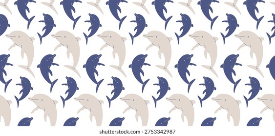 Seamless pattern with jumping dolphins. Marine life fabric and wallpaper design.