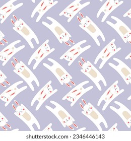 Seamless pattern with jumping, dreaming rabbits. Funny hares are repeated. Vector graphics.