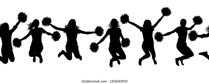 Seamless pattern of jumping girls with pom-pom (cheerleaders) silhouettes. Vector illustration