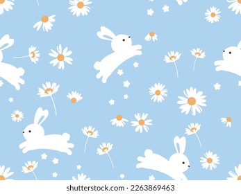 Seamless pattern with jumping rabbit bunny and daisy flower field on blue background vector illustration.