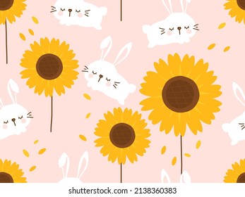 Seamless pattern with jumping rabbit cartoons and sunflower field on pink background vector illustration.