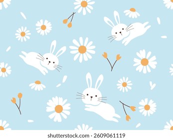 Seamless pattern with jumping rabbit cartoons, yellow flower and daisy flower on blue background vector.
