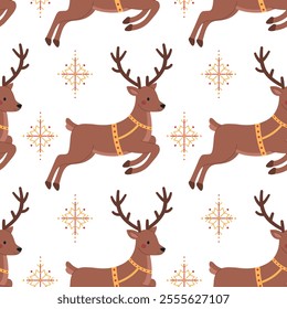 Seamless pattern with jumping reindeer in harness and snowflakes on white background. Winter holiday print. Christmas and New Year. Vector flat illustration for wallpaper, textile, packaging