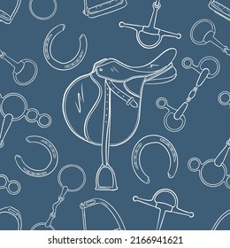 Seamless pattern with jumping saddle and horse riding equipment. Hand drawn illustration of saddle, horseshoe, snaffle bit and stirrup, that can be used for equestrian accessories and printing design